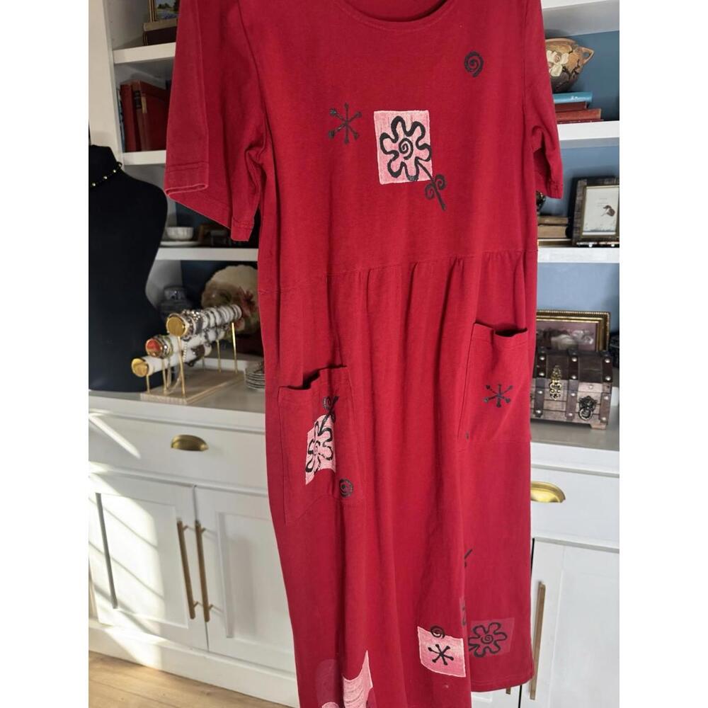 Vtg Red 100% Maxi Dress Womens Med Made in USA Pockets Boho Artsy Grannycore
